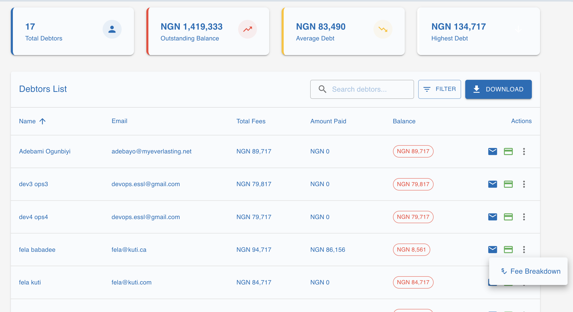 Debtors List with Fee Breakdown Option